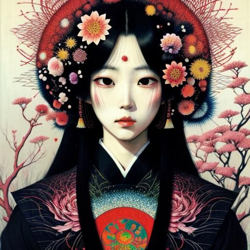 Psychedelic Floral Chaos: Oil Portrait in Surreal Style