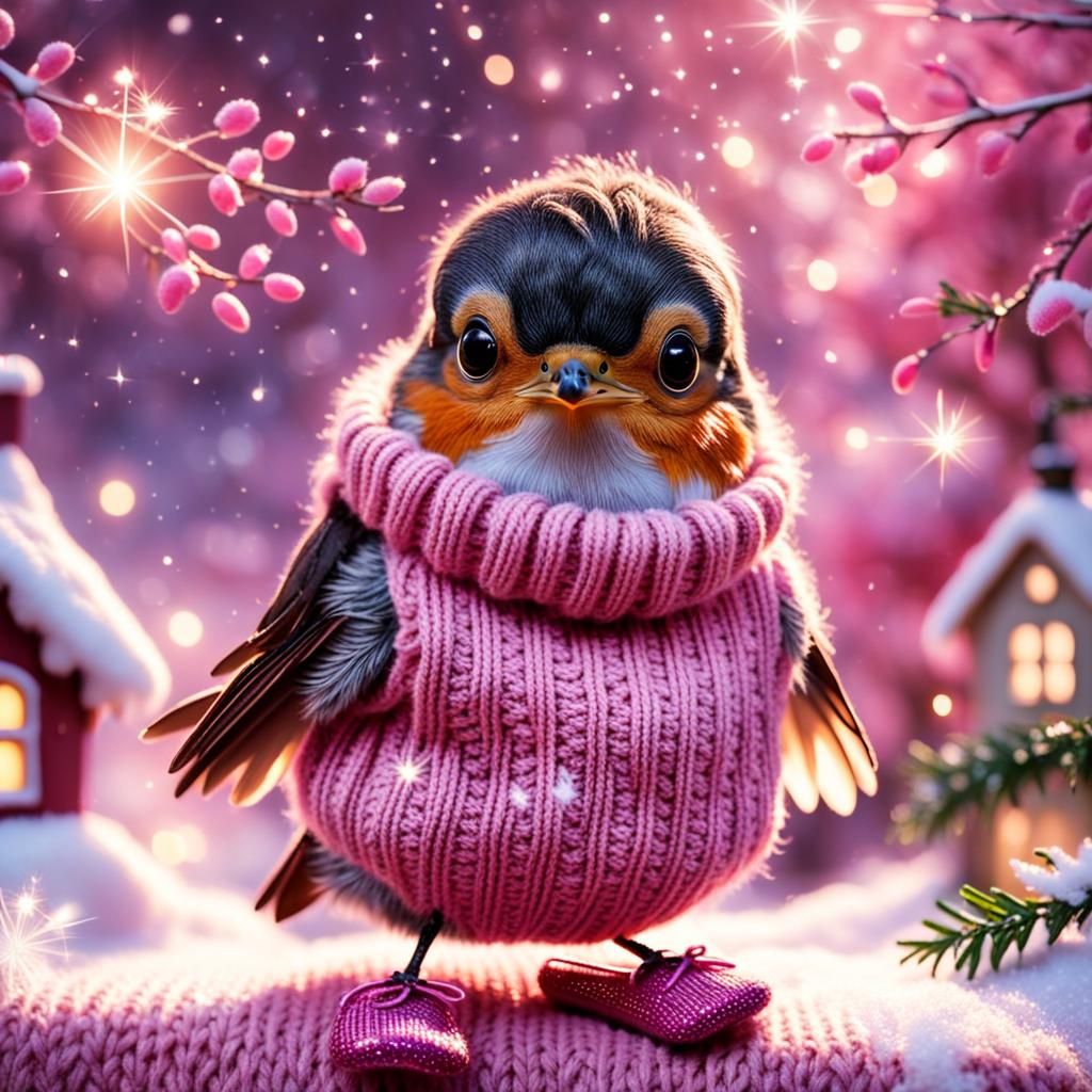 Cute Baby Robin in Pink Jumper