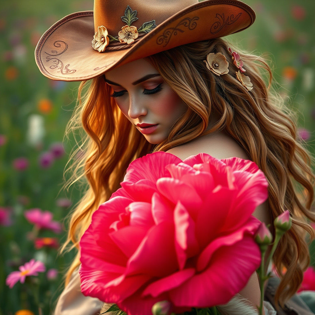 Cowgirl Rides a Rose in a Meadow, Dreamlike Fantasy Art