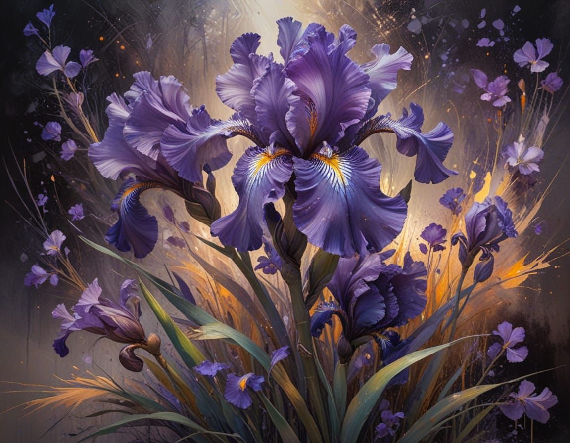 Surreal, Grunge-Style Iris Blooms Amidst Swirling Colors