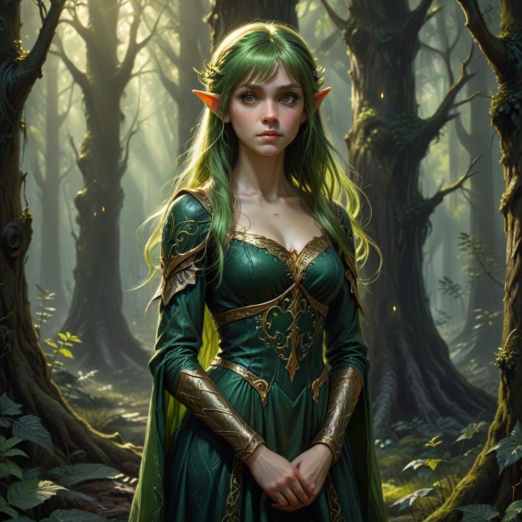 Green-Haired Elf in Bioluminescent Forest Oil Painting