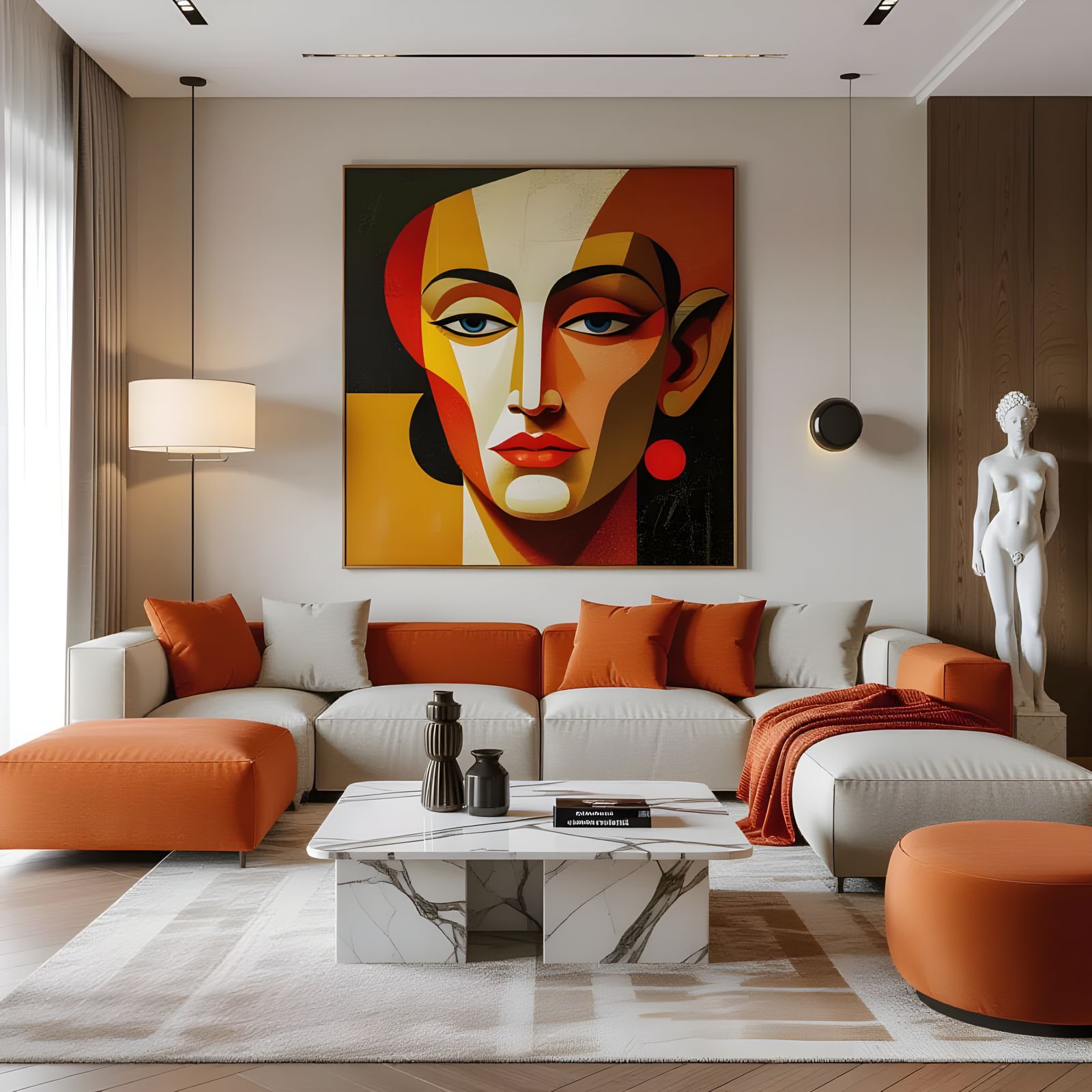 Inviting Modern Living Room with Surrealist Art