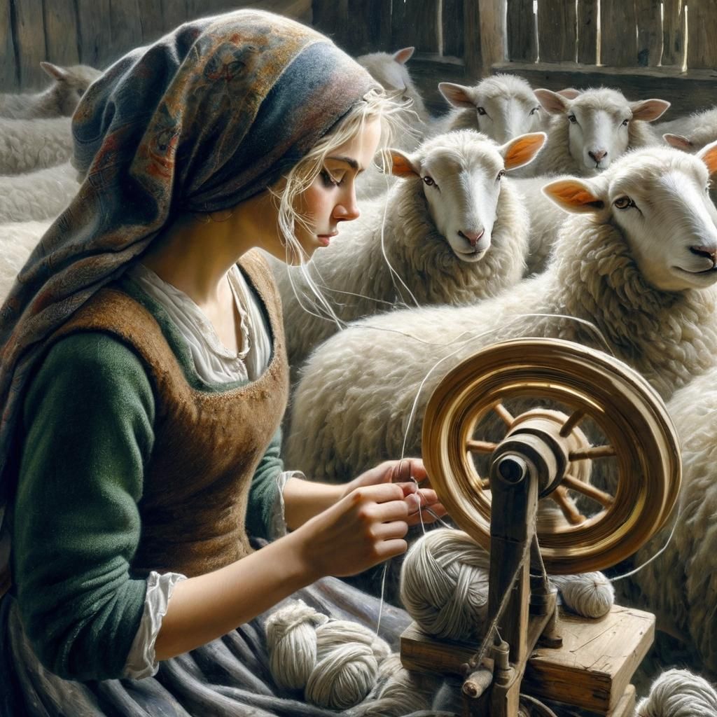 Danish Girl Spinning Wool in Barn Painting