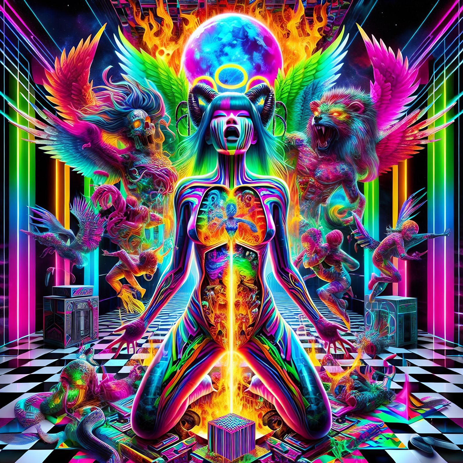 Psychedelic Cyberpunk Inferno with Asian Woman
