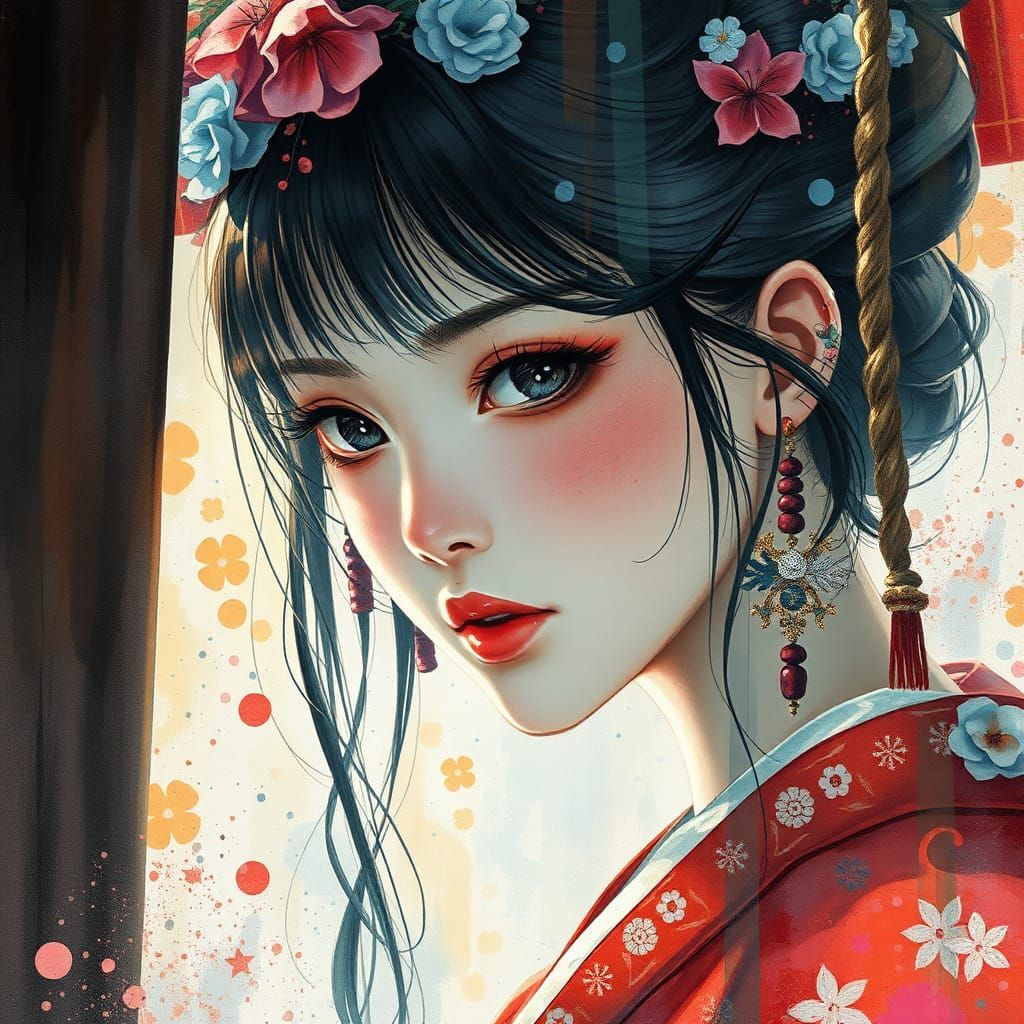 Watercolor Fantasy Portrait in Japanese Fairytale Style