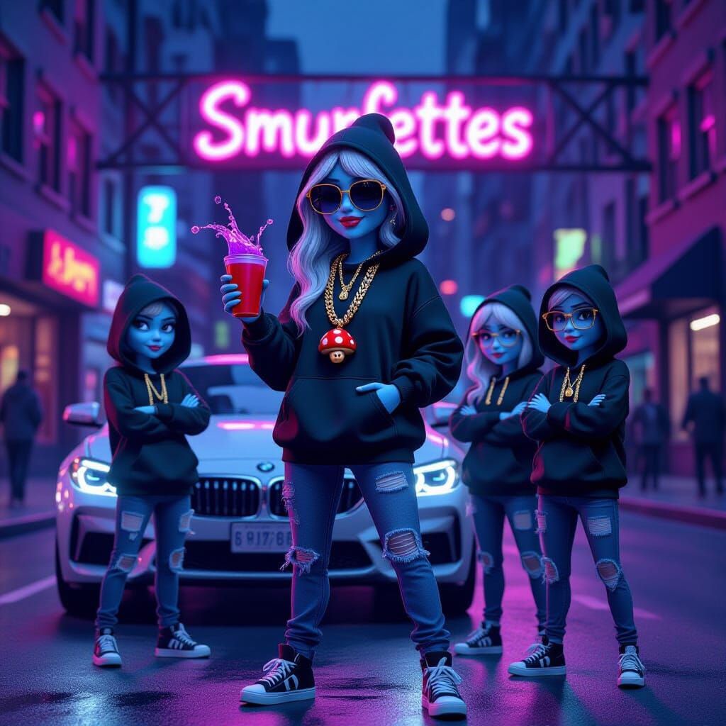Smurfettes Inspired Urban Characters in Neon City