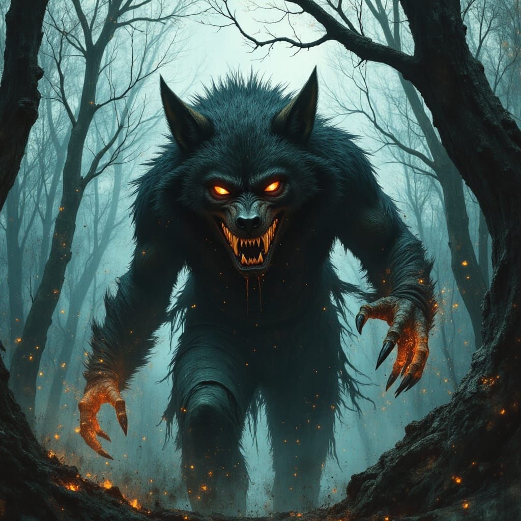 Werewolf in Misty Woods: Hyperrealistic Wildlife Photo