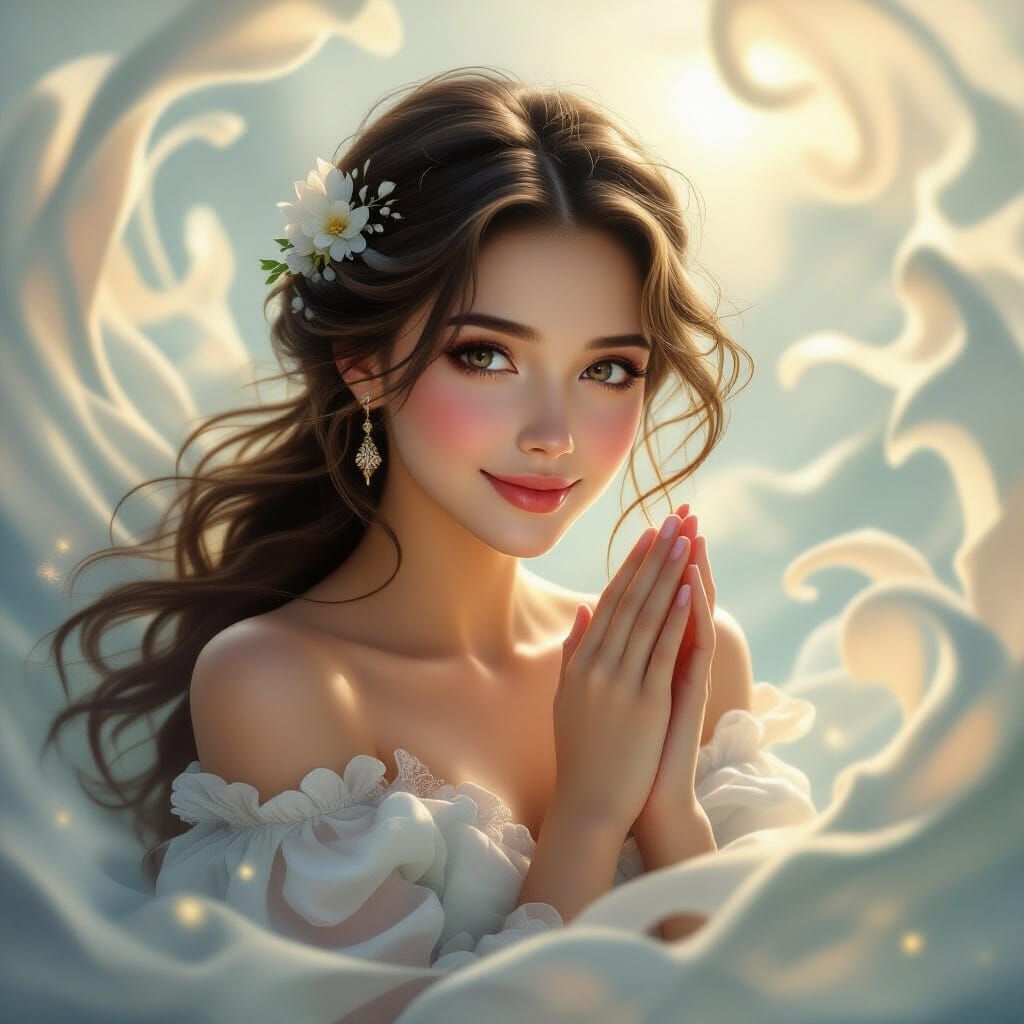 Ethereal Lady Welcomes Day in Luminous Mist