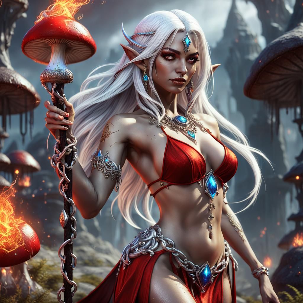 Fire Sorceress Dark Elf Princess with Magic Staff