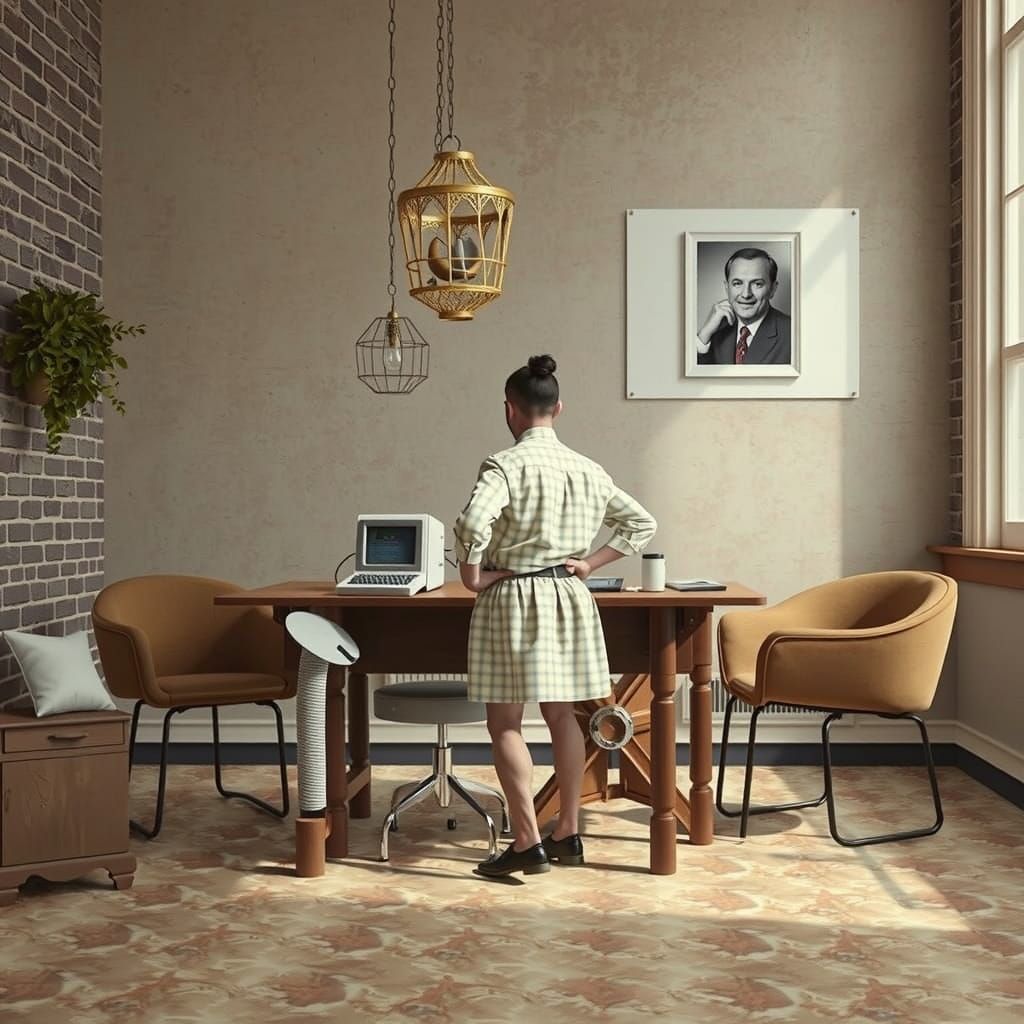 Peruvian-Americans Repairing Vintage Computer, Black and Whi...