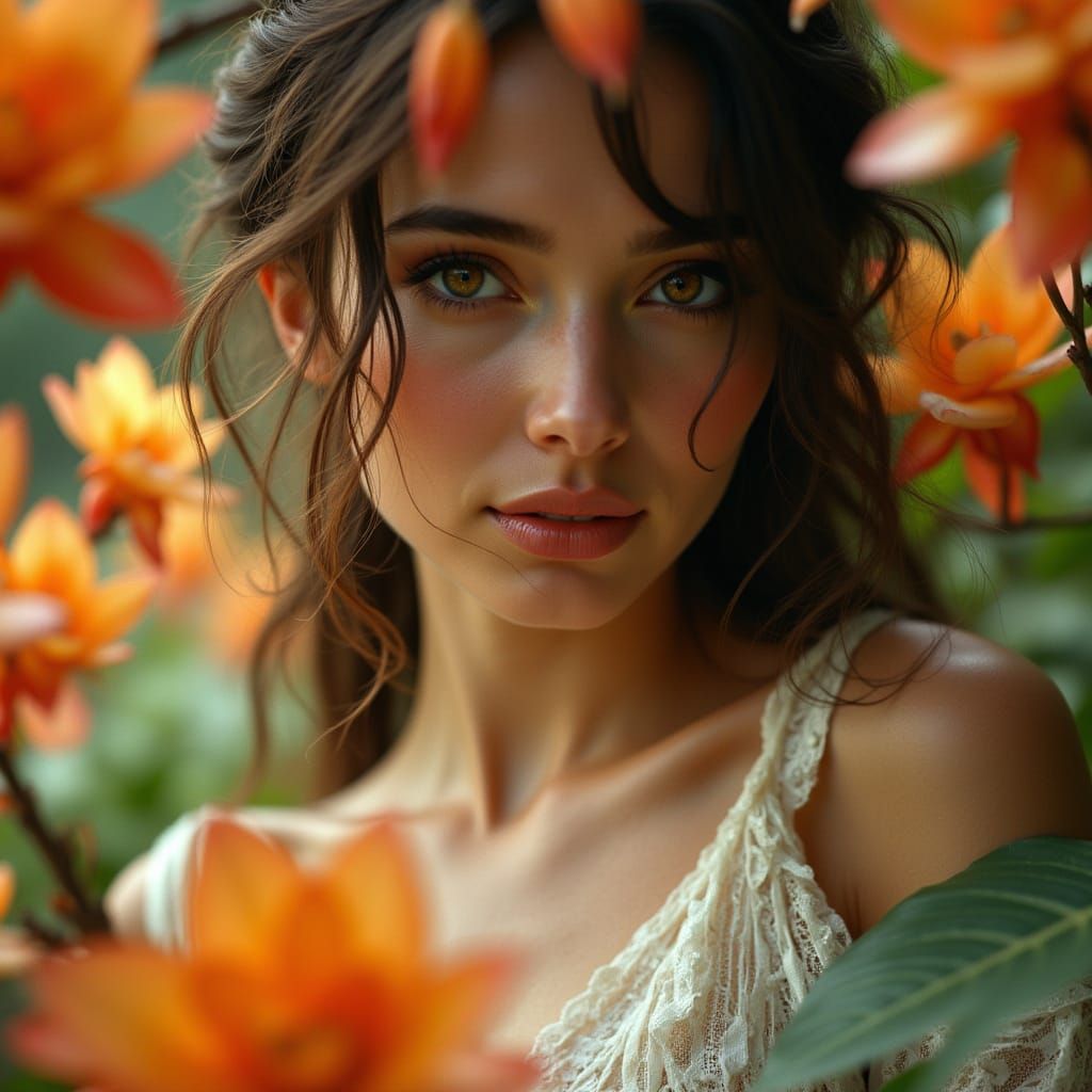 Sensual Brunette Goddess with Hazel Eyes in Tropical Paradis...