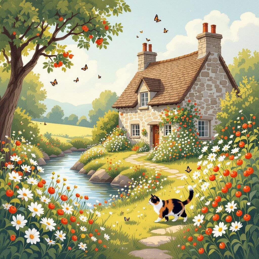 Storybook Cottage Garden with Calico Cat