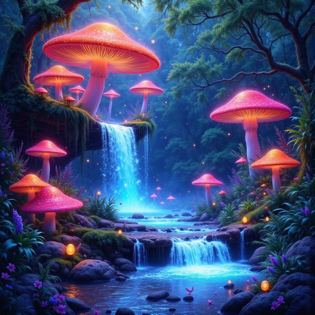 Glowing Mushroom Waterfall in Neo-Impressionist Oil Painting