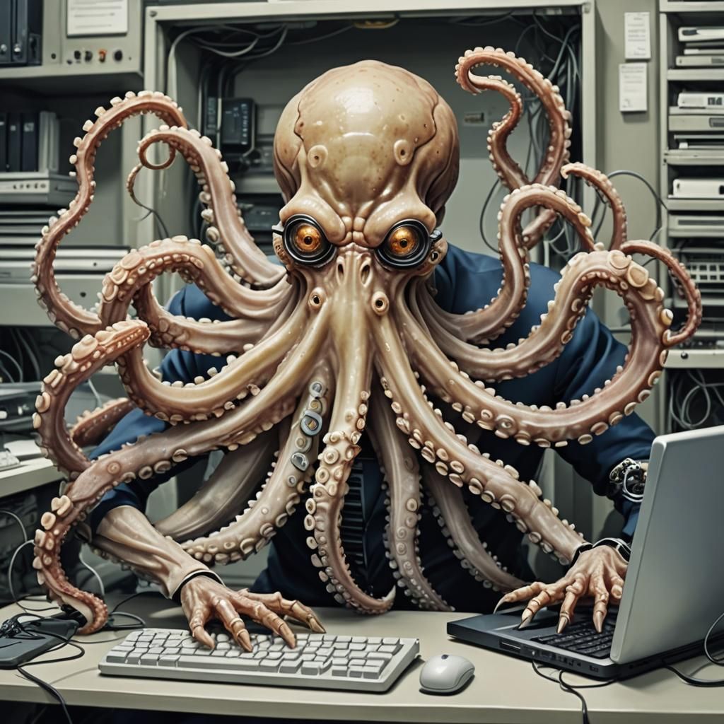 The computer with octopus arms eats the person who works on ...