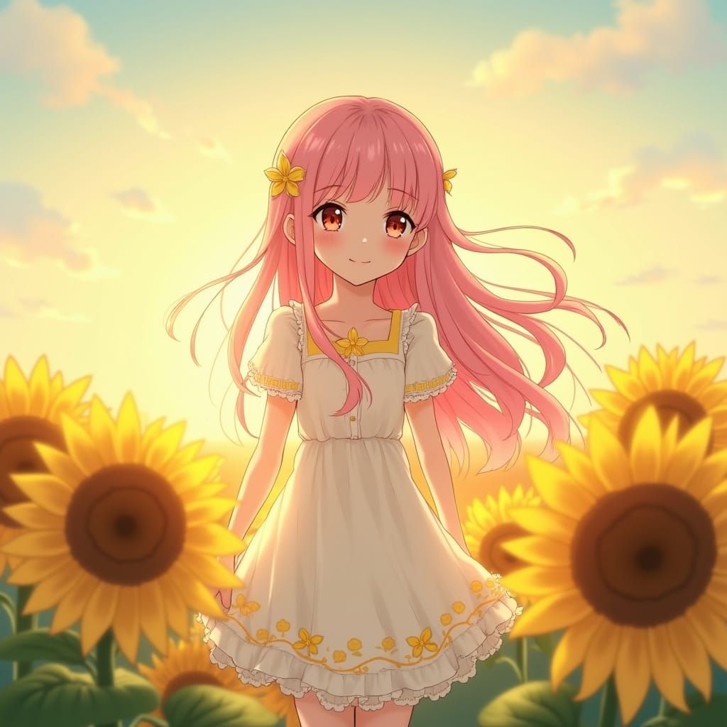 Anime Girl in Sunflower Field with Golden Sunset