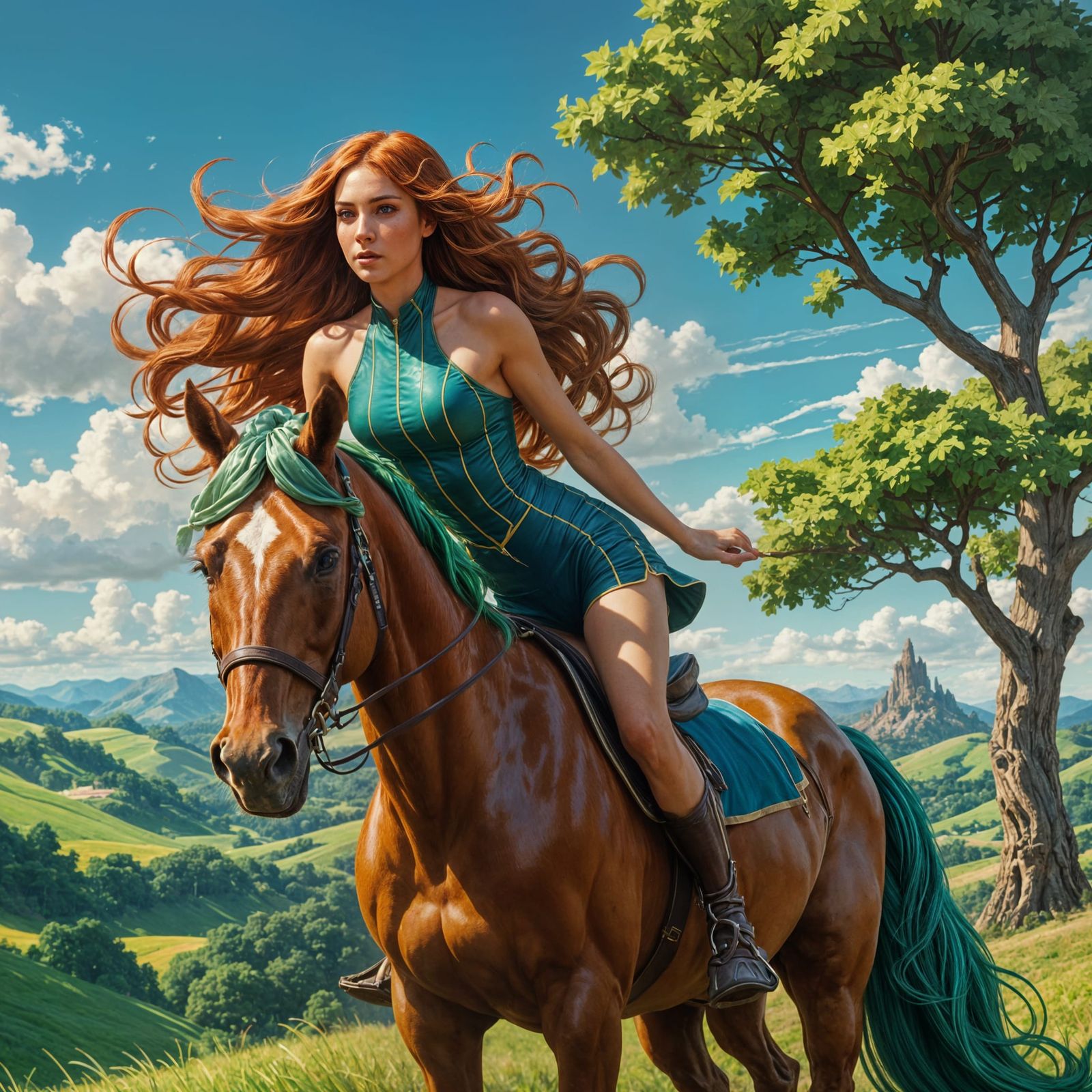Woman Rides Red Horse in Hyperdetailed Green Landscape
