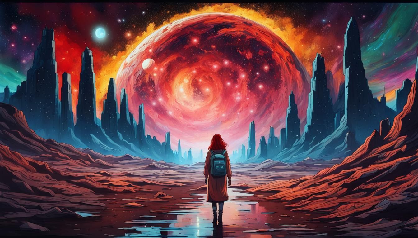 Sci-Fi Stargate Scene with Redhead Woman as Graffiti Art