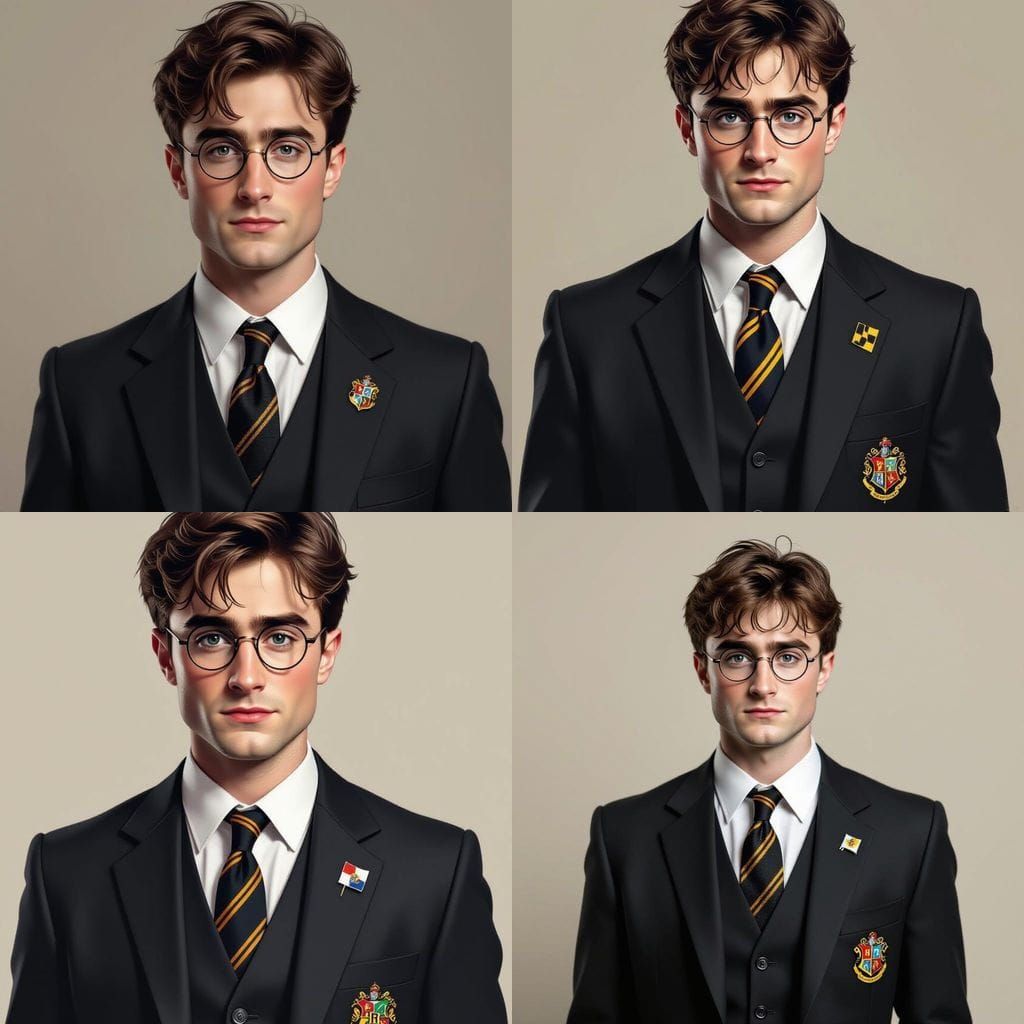Harry Potter in Dark Suit with Hogwarts Pin