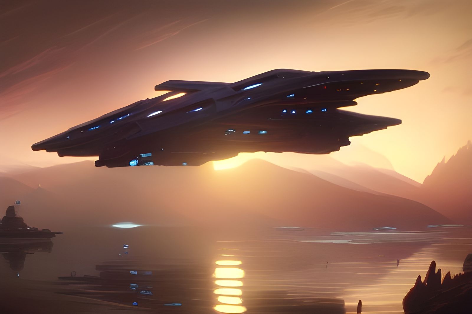 Sci-Fi Spaceship at Sunset in High Realism