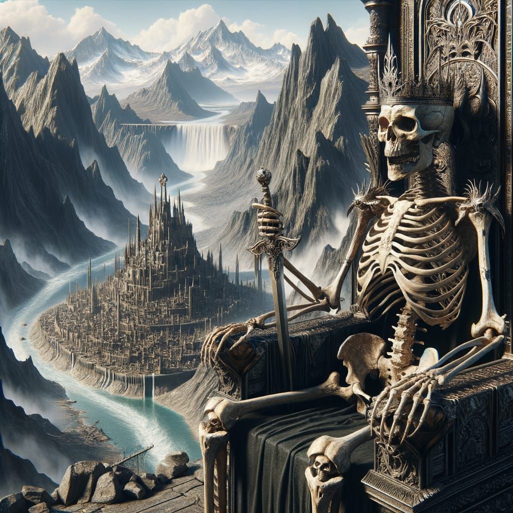 Gothic Fantasy Skeleton Guardian Overlooks Prehistoric City