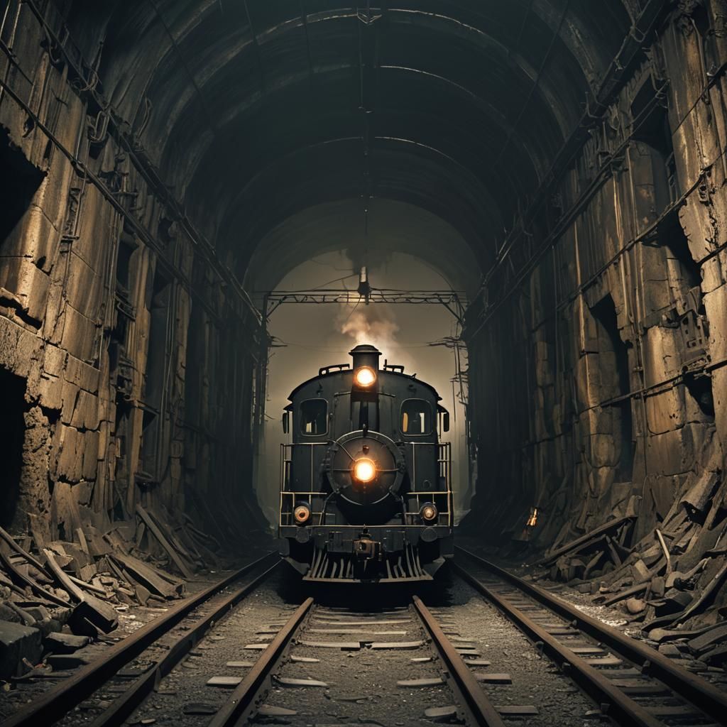 Eerie Train in Abandoned Dark Fantasy Tunnel