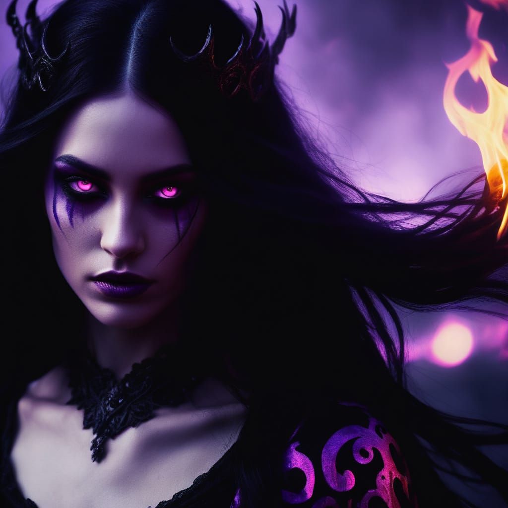 Gothic fantasy.Young lady with long black hair and head on f...