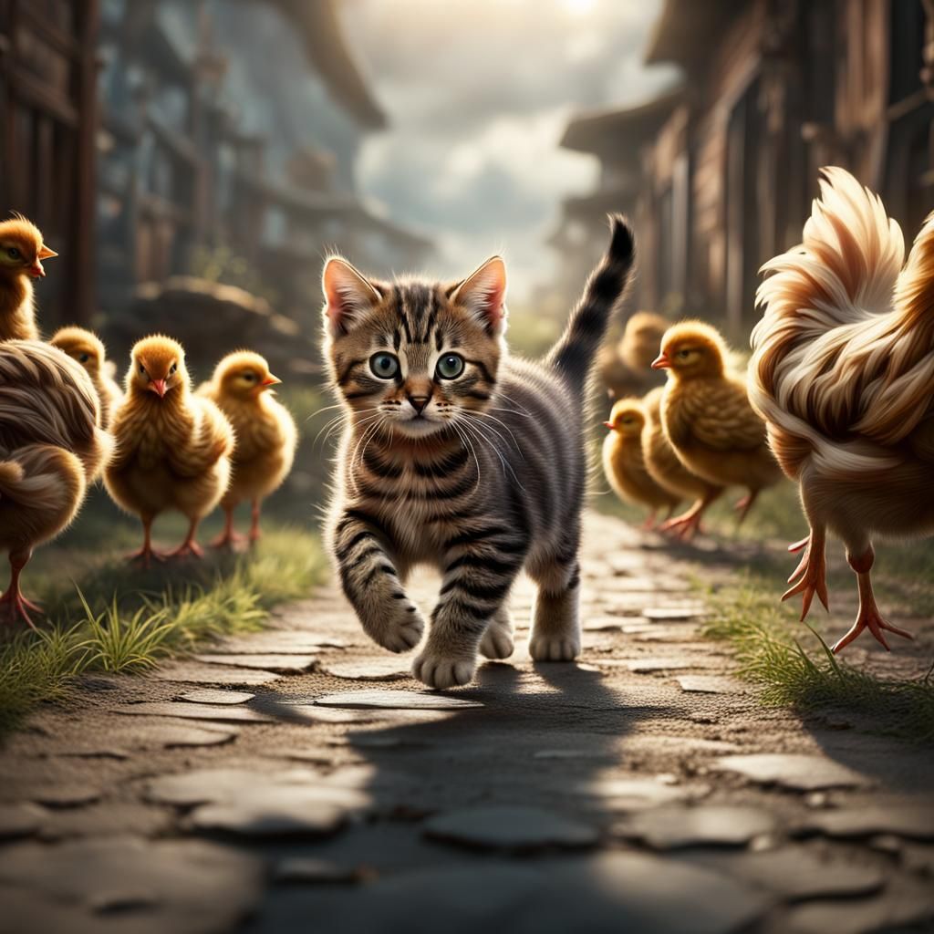 Tabby Kitten Follows Hen and Chicks: Digital Matte Painting