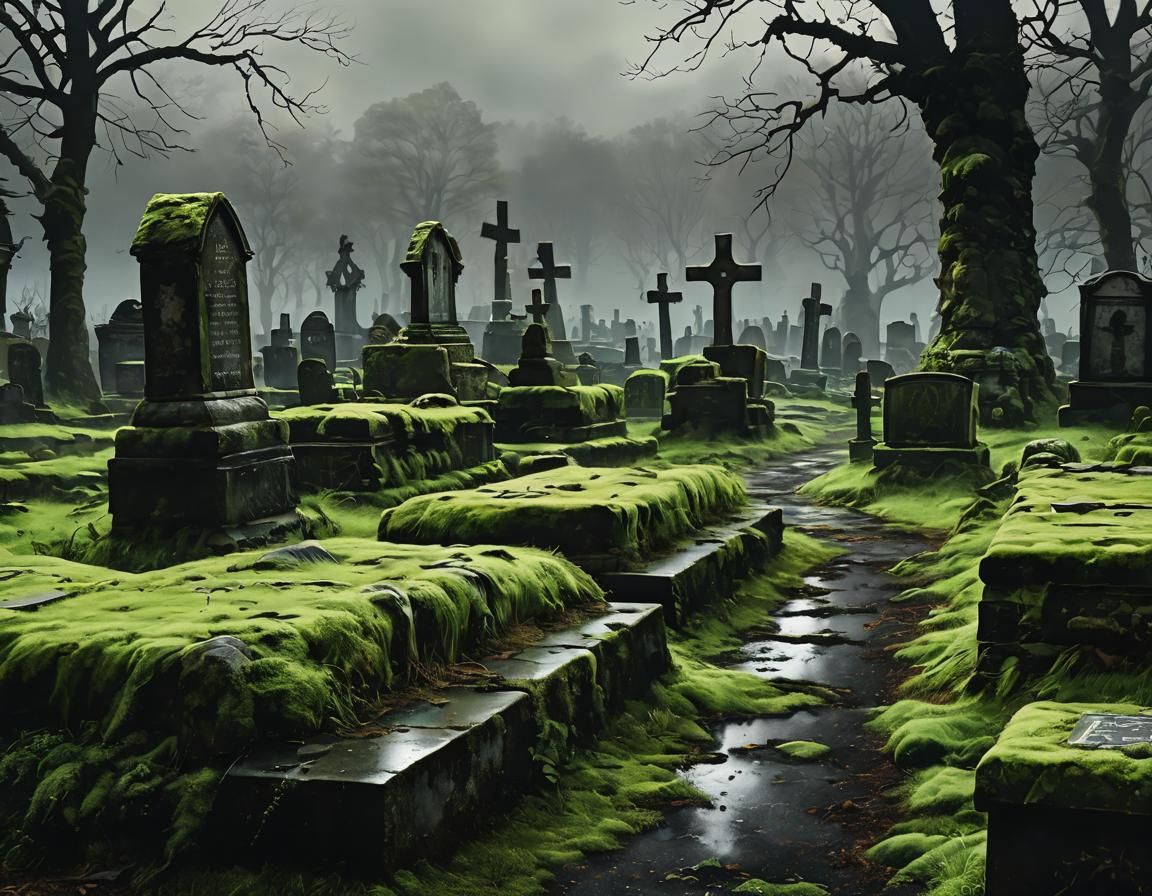 Eerie Cemetery Behind Crumbling Wall: Oil Painting