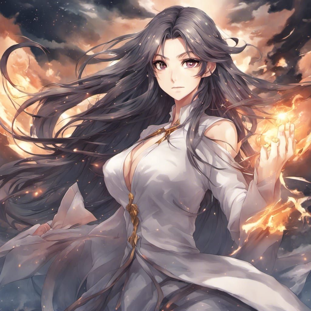 Powerful Woman with Long Hair in Anime Style