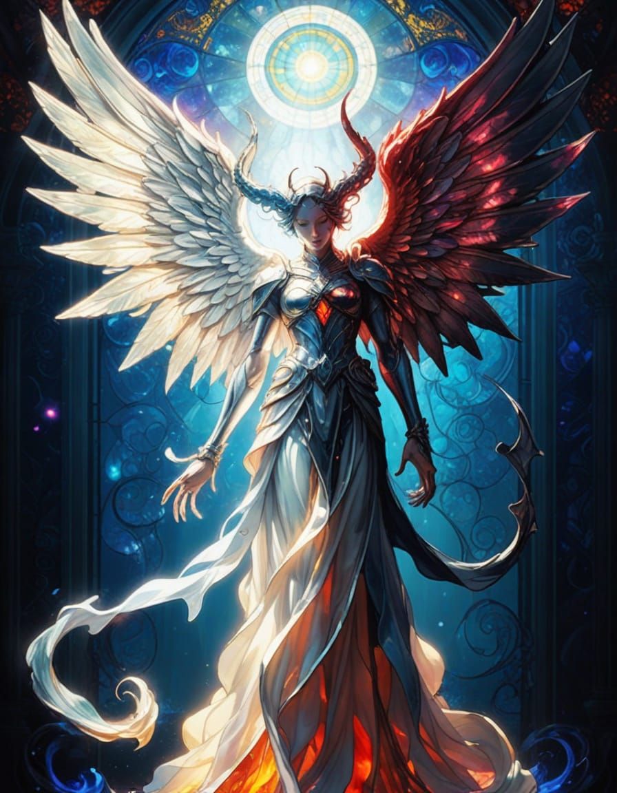 Angel-Demon Hybrid in Stained Glass Art Style