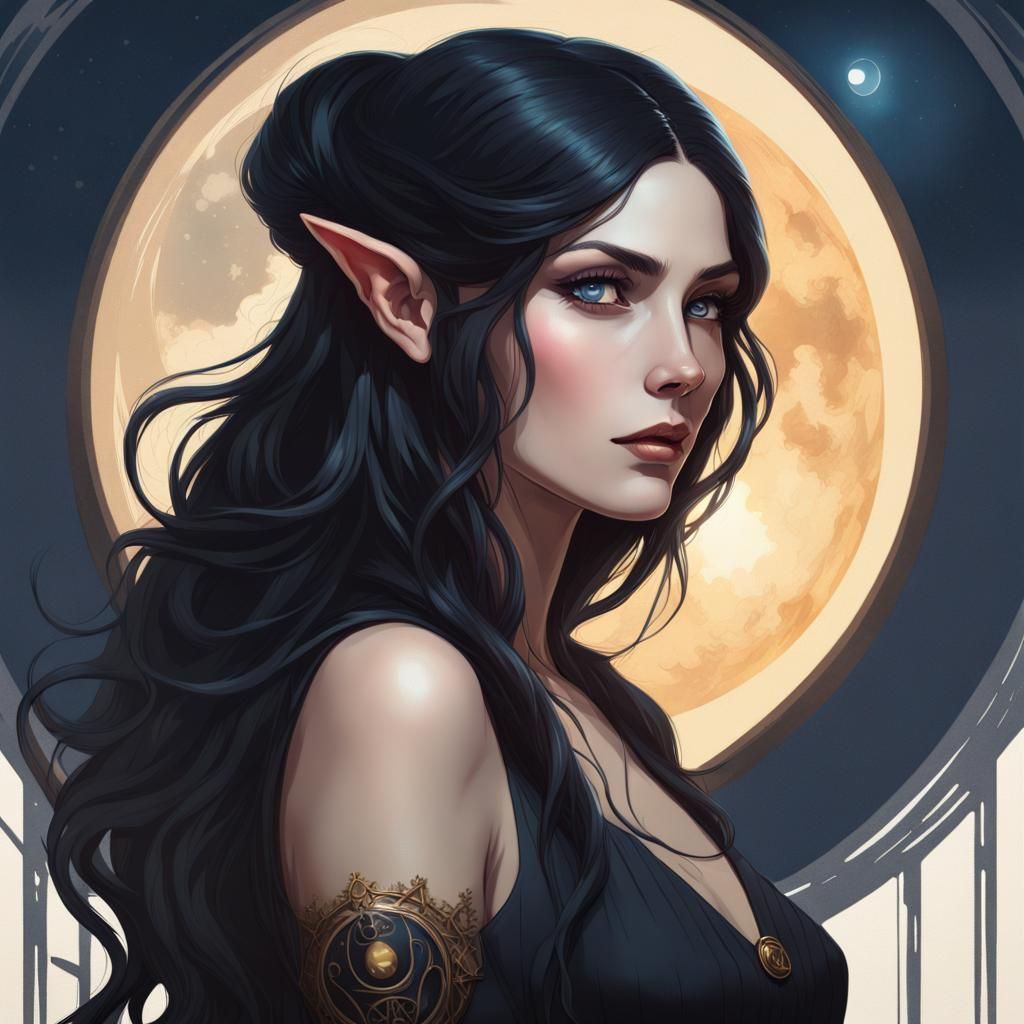 Elf Woman in 1910s Dress with Solar Eclipse