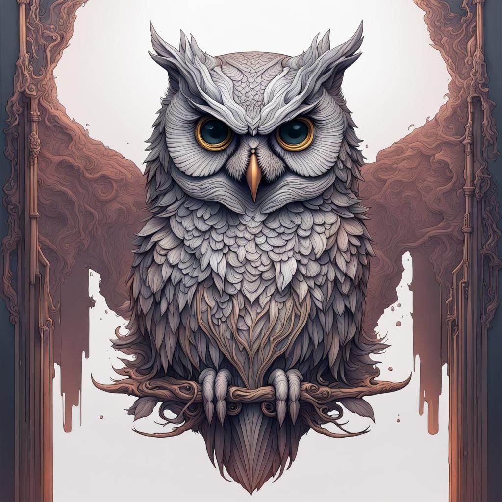 Detailed Line Art Owl Head in Fantasy Style