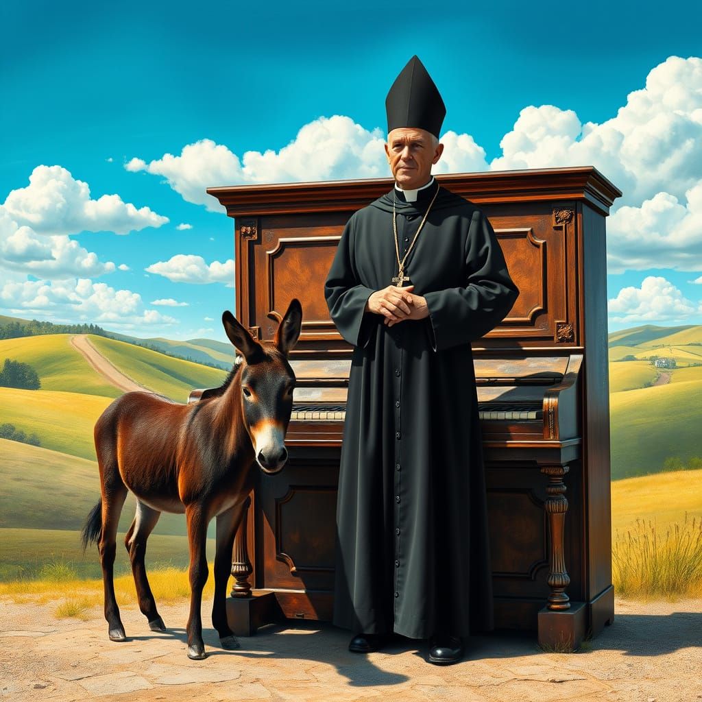 Surrealist Priest in Rolling Hills with Donkey