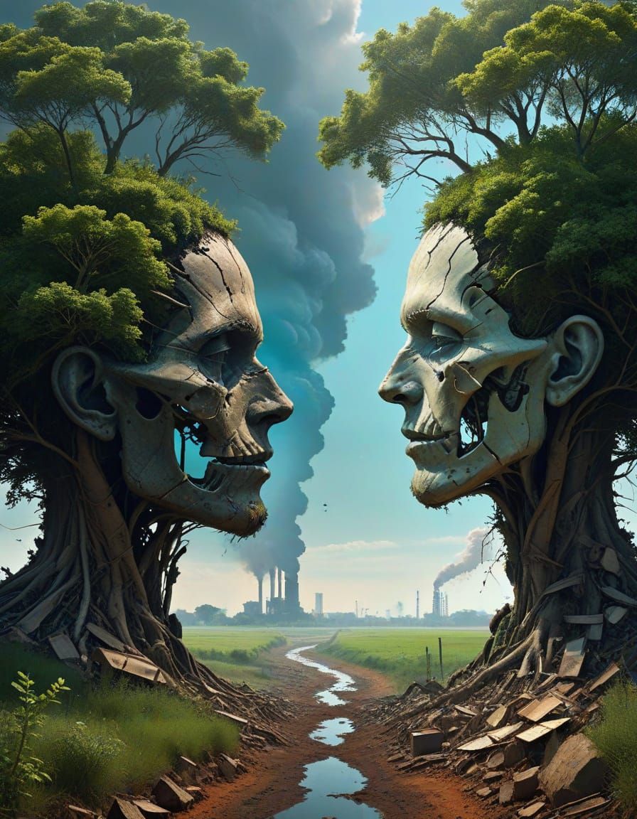 Surreal Landscape with Symbolic Tree Split into Life and Dec...