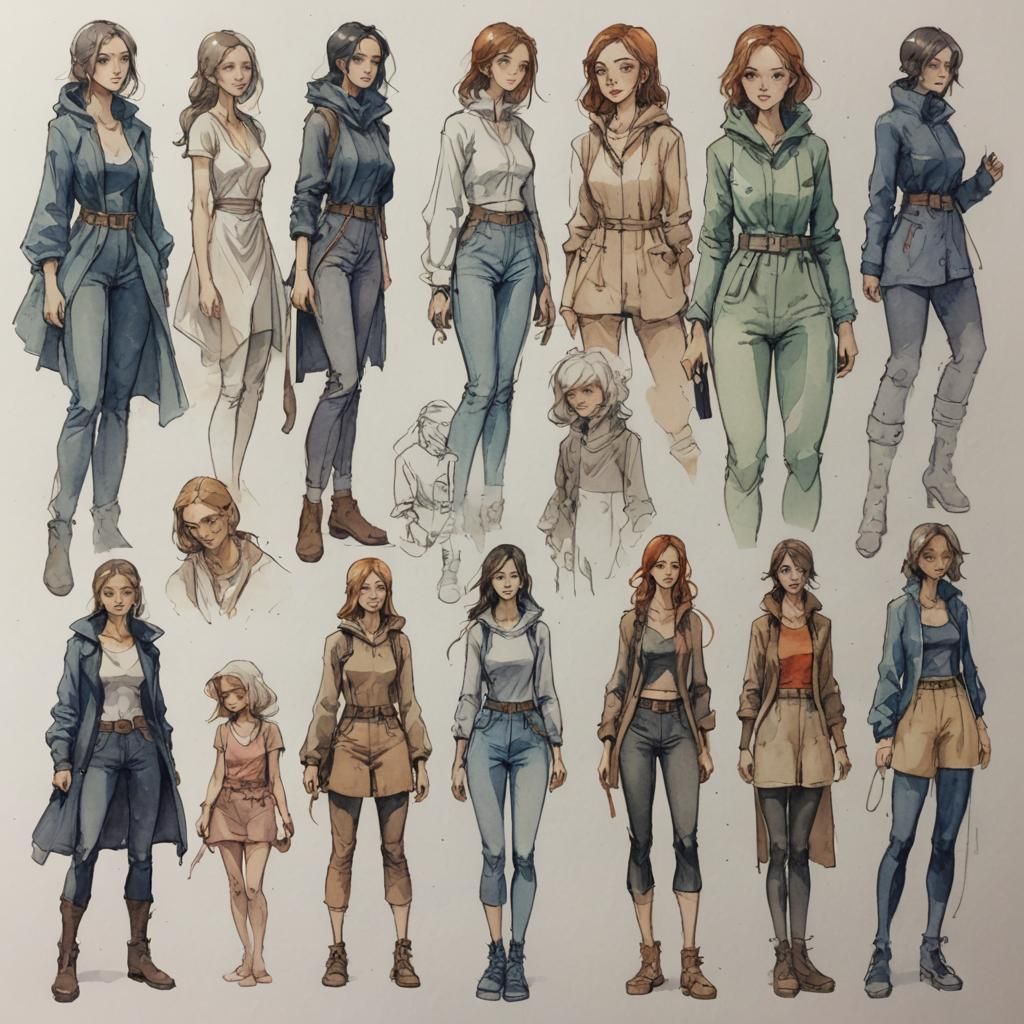 Watercolor and fineliner female character sketches, reference sheet. Character design