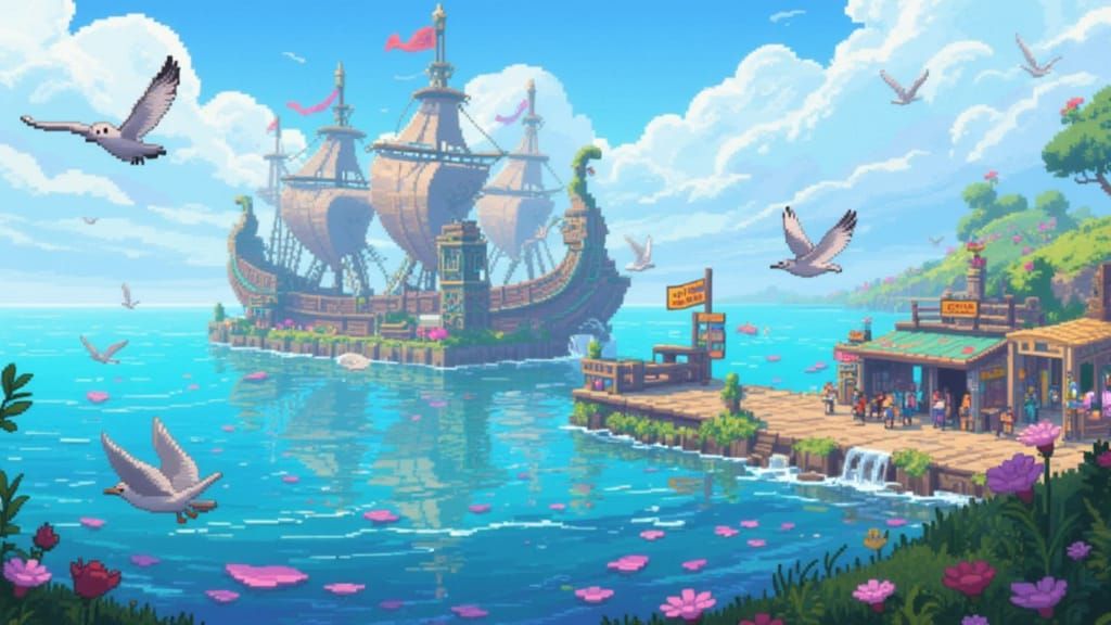 Serene Fantasy Harbor in 32-bit Pixel Art