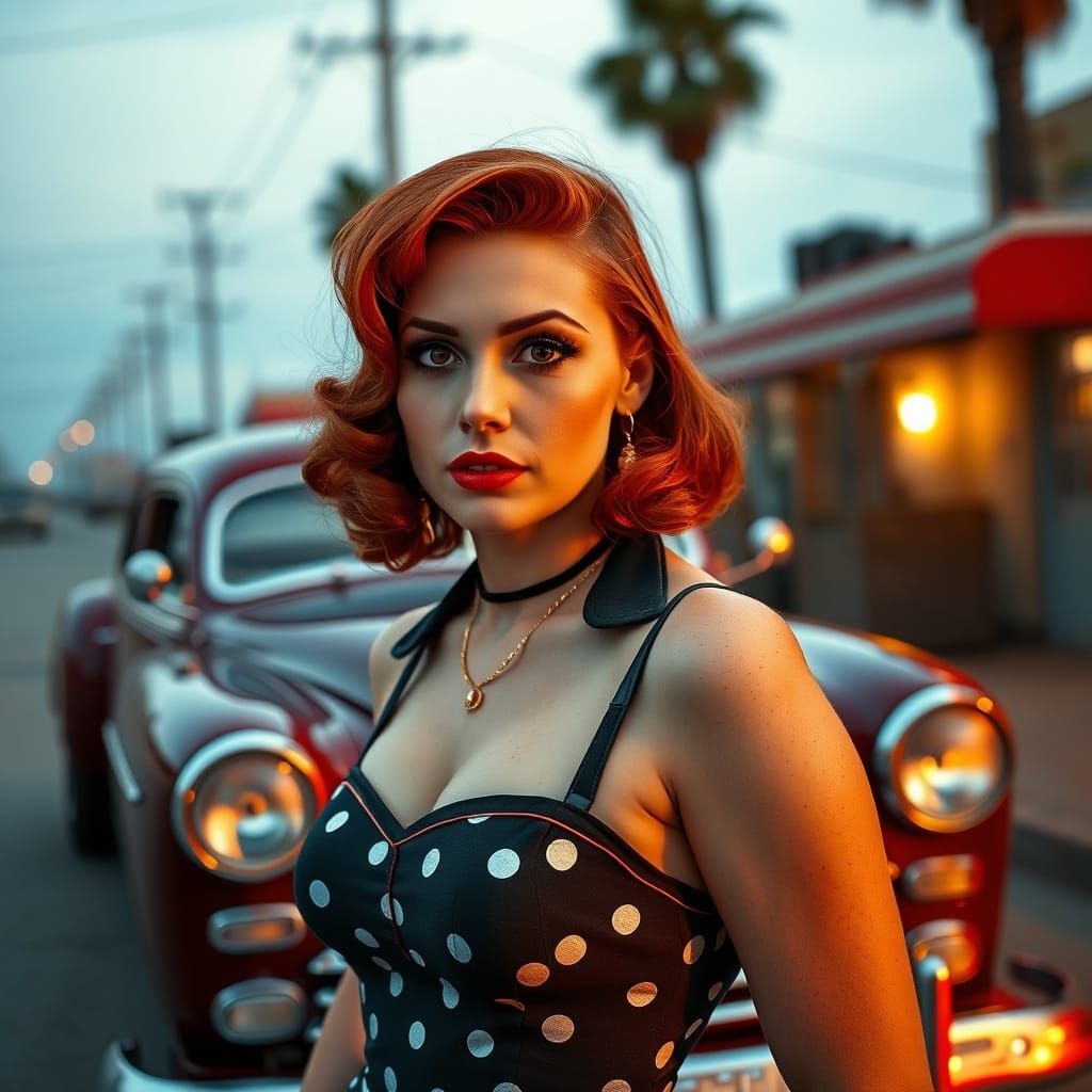 Vintage Pinup Girl in Front of a Classic Hot Rod