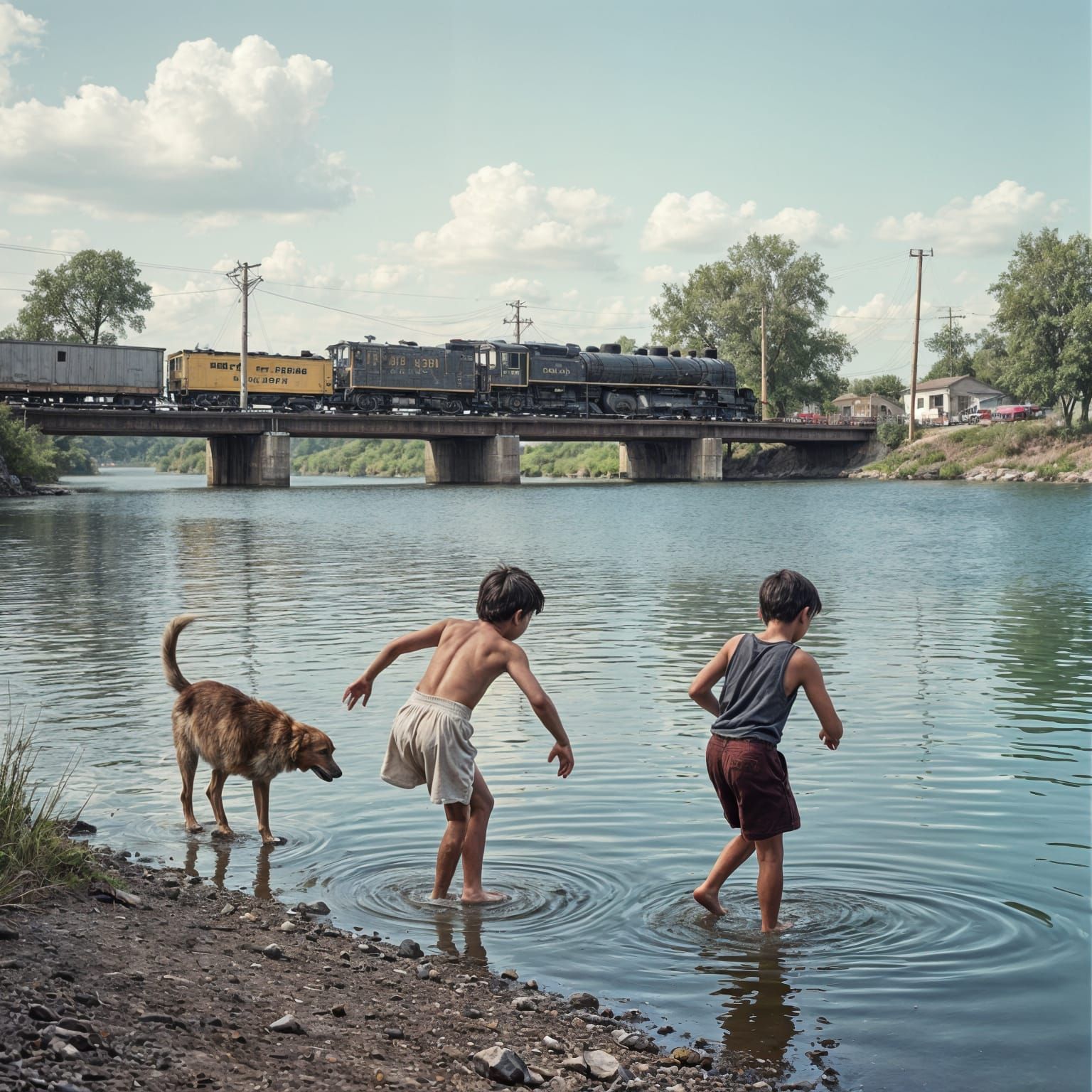 Boys Watch Train, Lakeside Scene, circa 1948