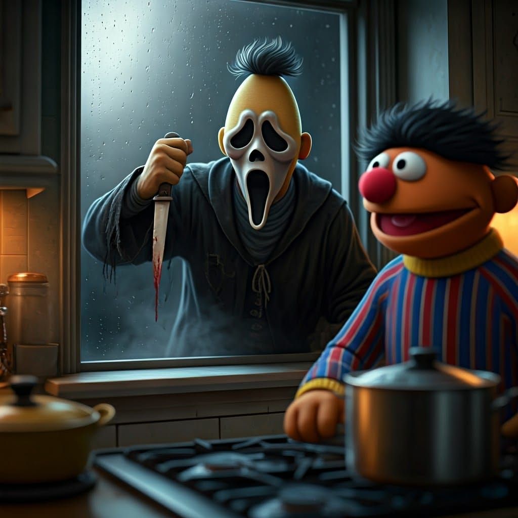 Bert Stalks Ernie as Ghostface in Digital Art