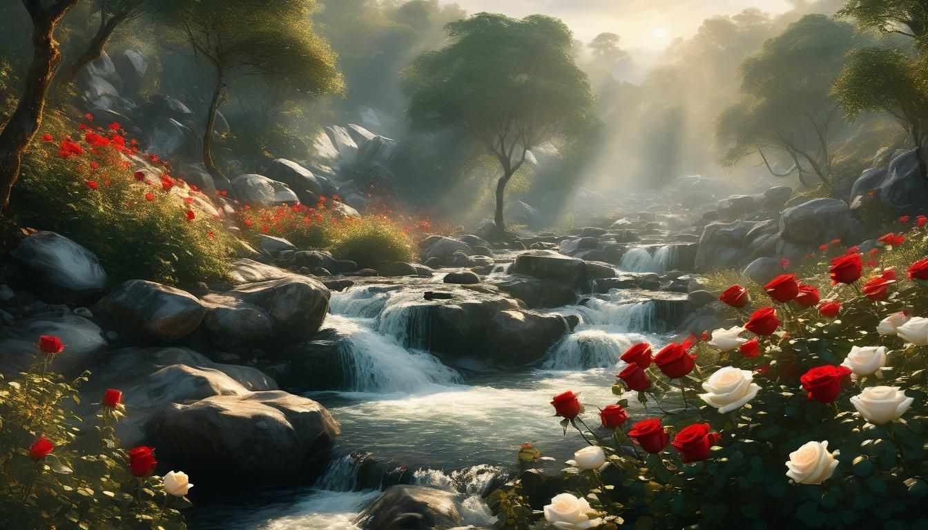 Lush Wilderness Cascade in Impressionist Style