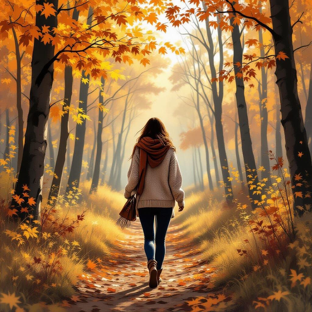 Serene Woman in Autumn Forest, Monochrome Glaze Style