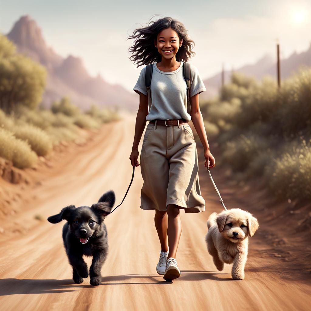 Girl and Puppy on a Dusty Road
