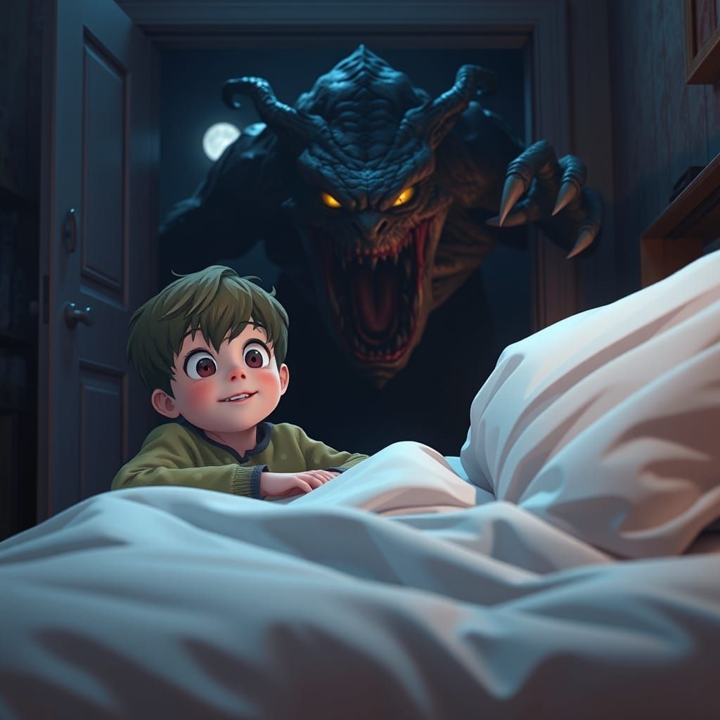 Boy Confronted by Closet Monster in Anime Style