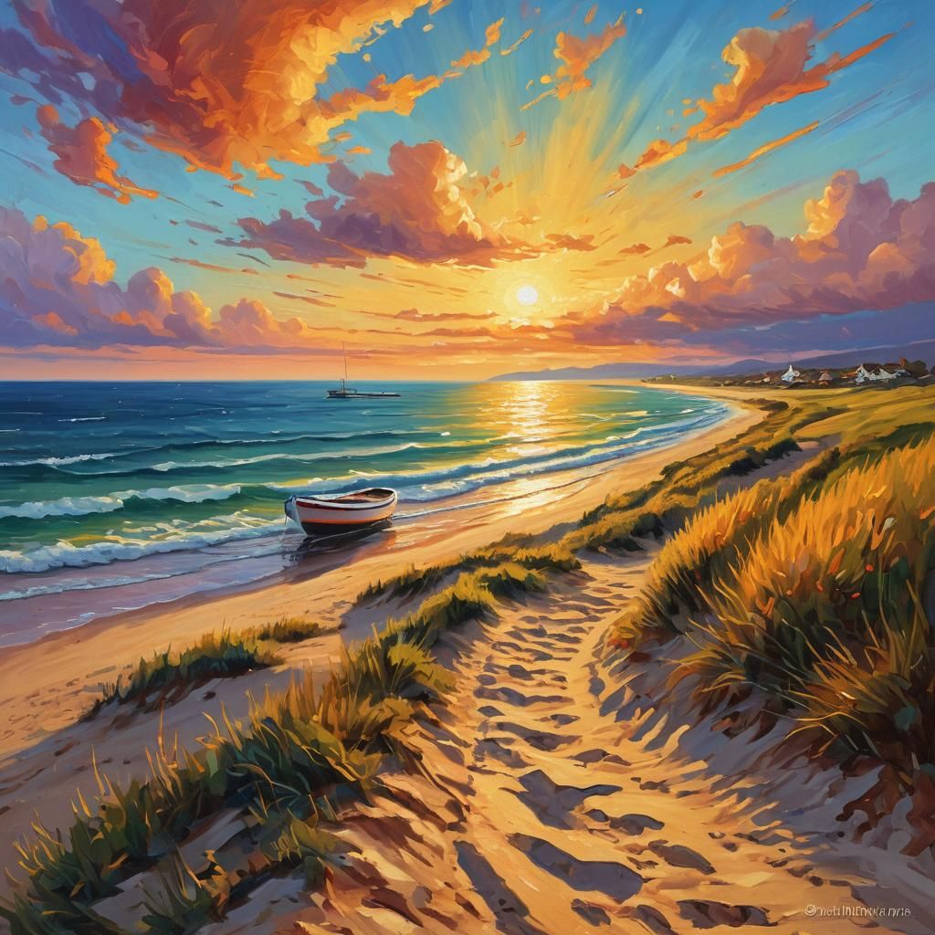 Expressionist Beach Path at Sunset in Oil Painting