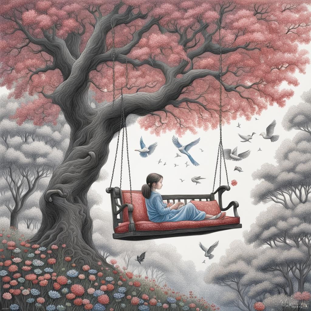 Fairytale Swing Scene in Detailed Pencil Drawing
