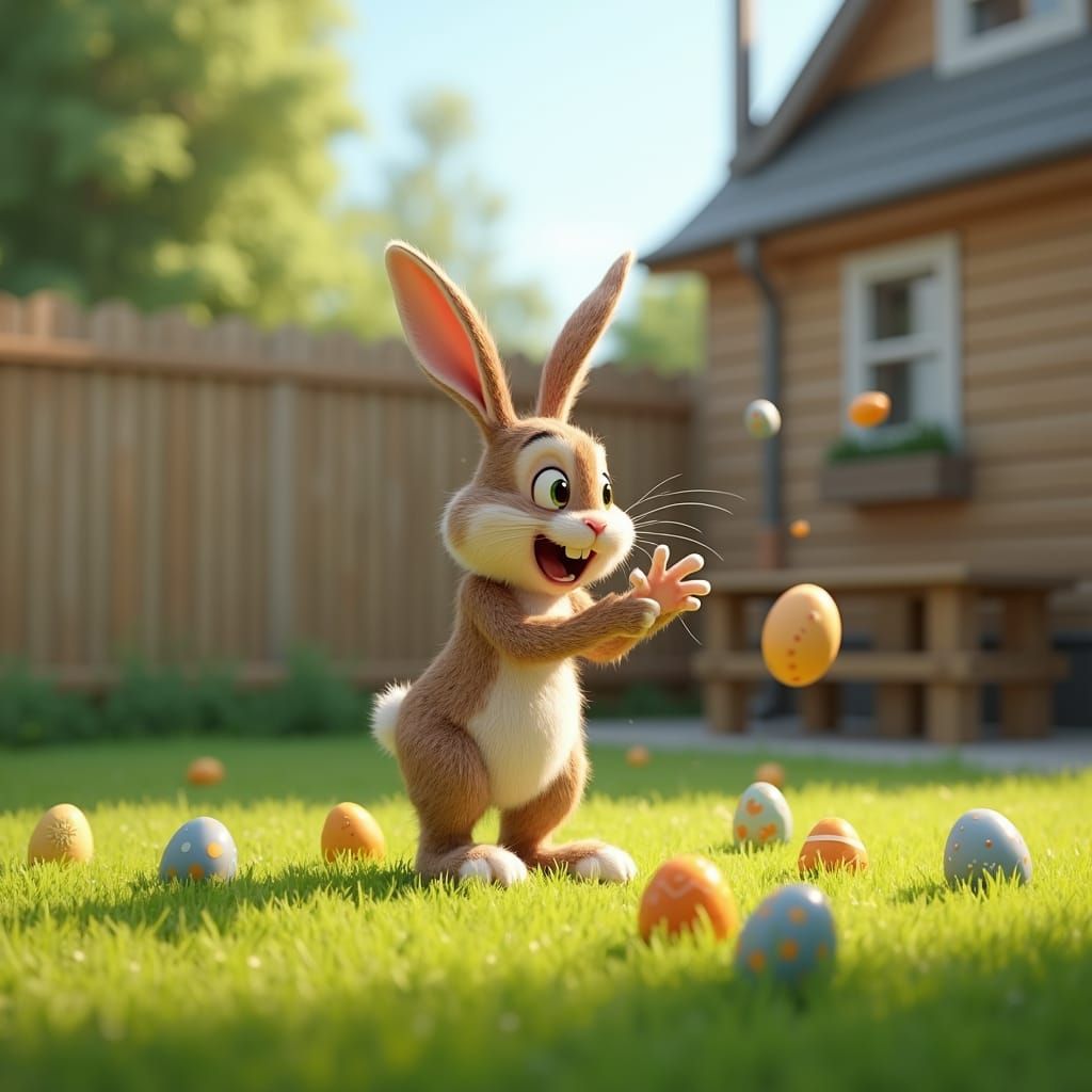 Easter bunny playing with eggs