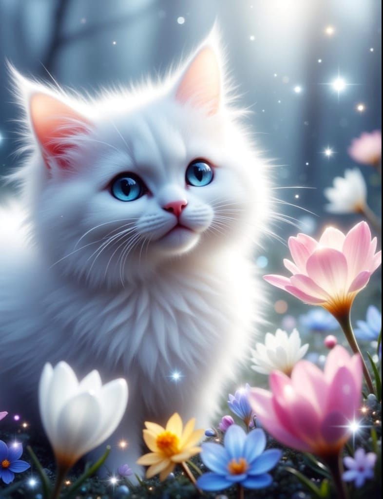Surreal White Cat Enjoys Blooming Spring Garden in Pastel Co...