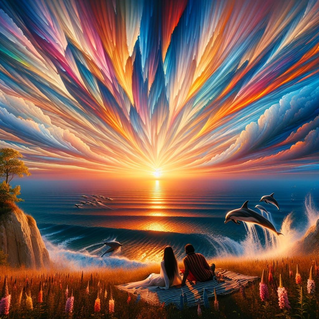 Serene Sunset Scene with Couple and Dolphins