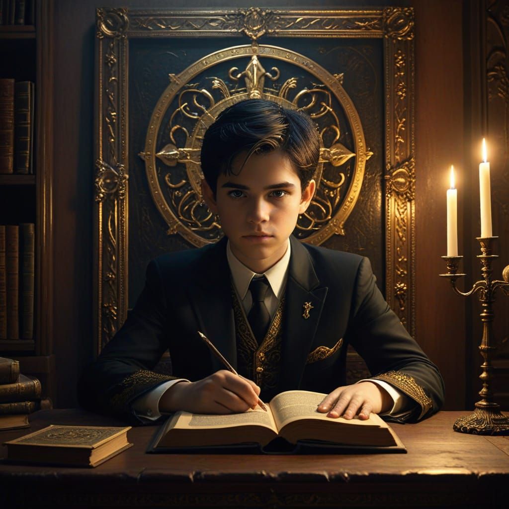 Young Artemis Fowl Surrounded by Ancient Tomes and Luxury