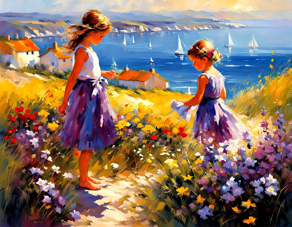 Children Picking Flowers in Meadow by Ocean in Impasto Style